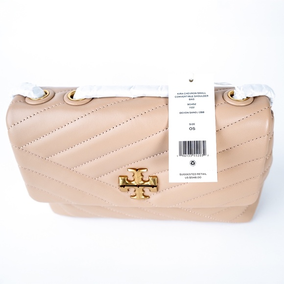NWT Tory Burch Small KIRA Chevron Shoulder Nappa Leather Bag Devon Sand $548 - Picture 9 of 13